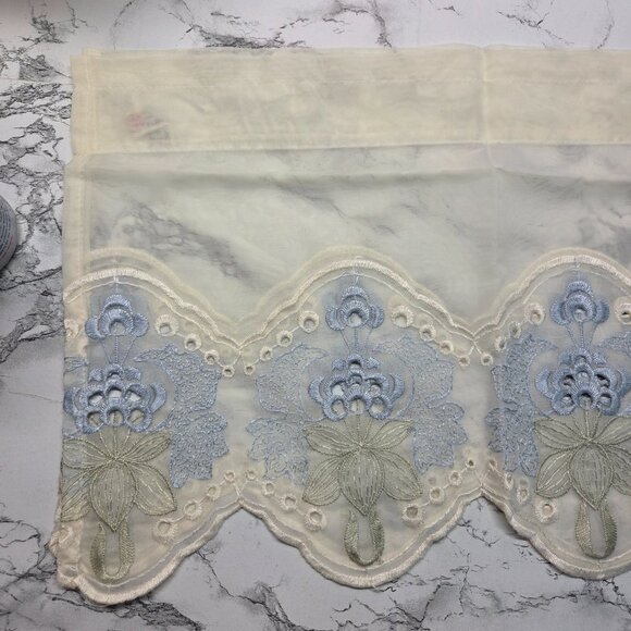 Vintage White Light Blue Embroidered Kitchen Valance 60"X12" Floral Eyelet Boho - Picture 2 of 7